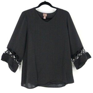 Chicos Top Blouse Size 0 Womens Small Black Popover Latice Detail Bell Sleeve‎
